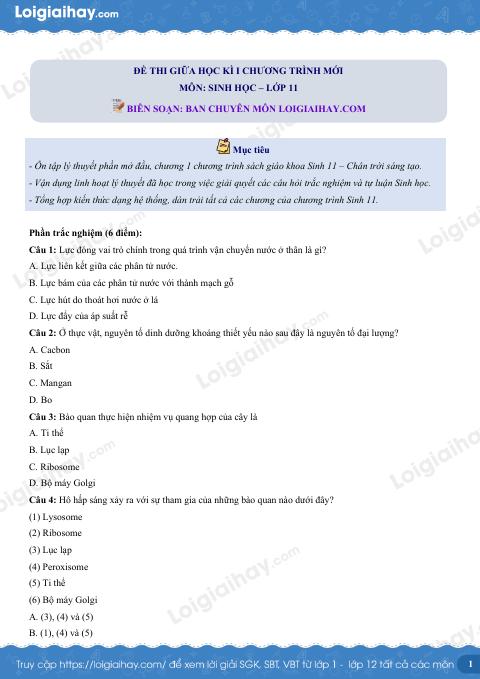 Đề thi giữa kì 1 Sinh 11 Chân trời sáng tạo - Đề số 2